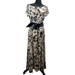 Perceptions Floral Maxi Dress Belted Tan Black Size 12 famine chic church